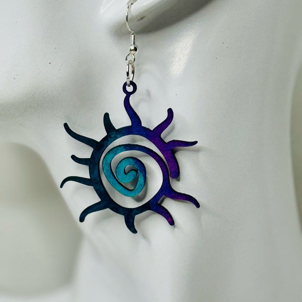 Hand dyed leather earrings sun spiral lightweight colorful